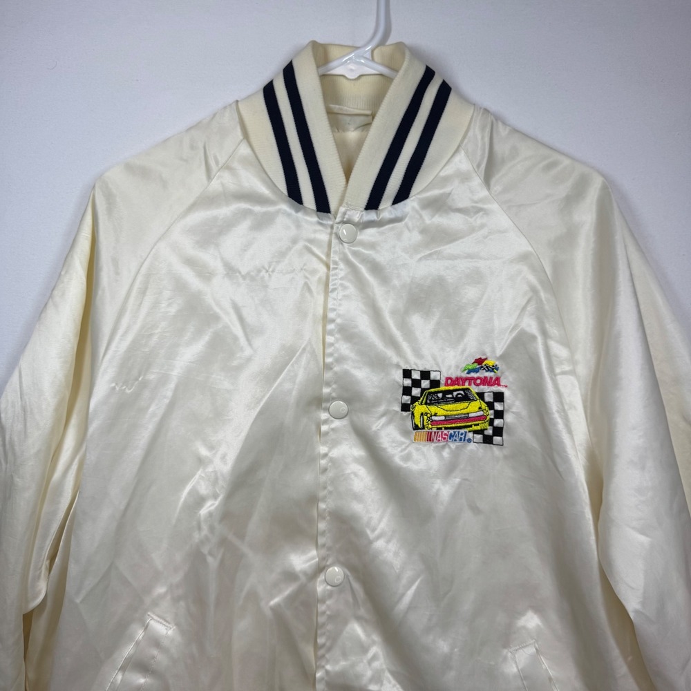 Vintage Daytona Nascar Racing Jacket Cream Satin Bomber Menswear Sz M/L - Picture 2 of 11